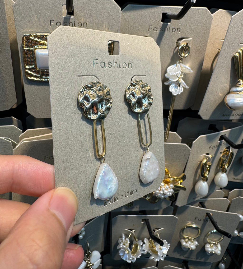 Floral Stud Link Pearl Earrings - W3-0470