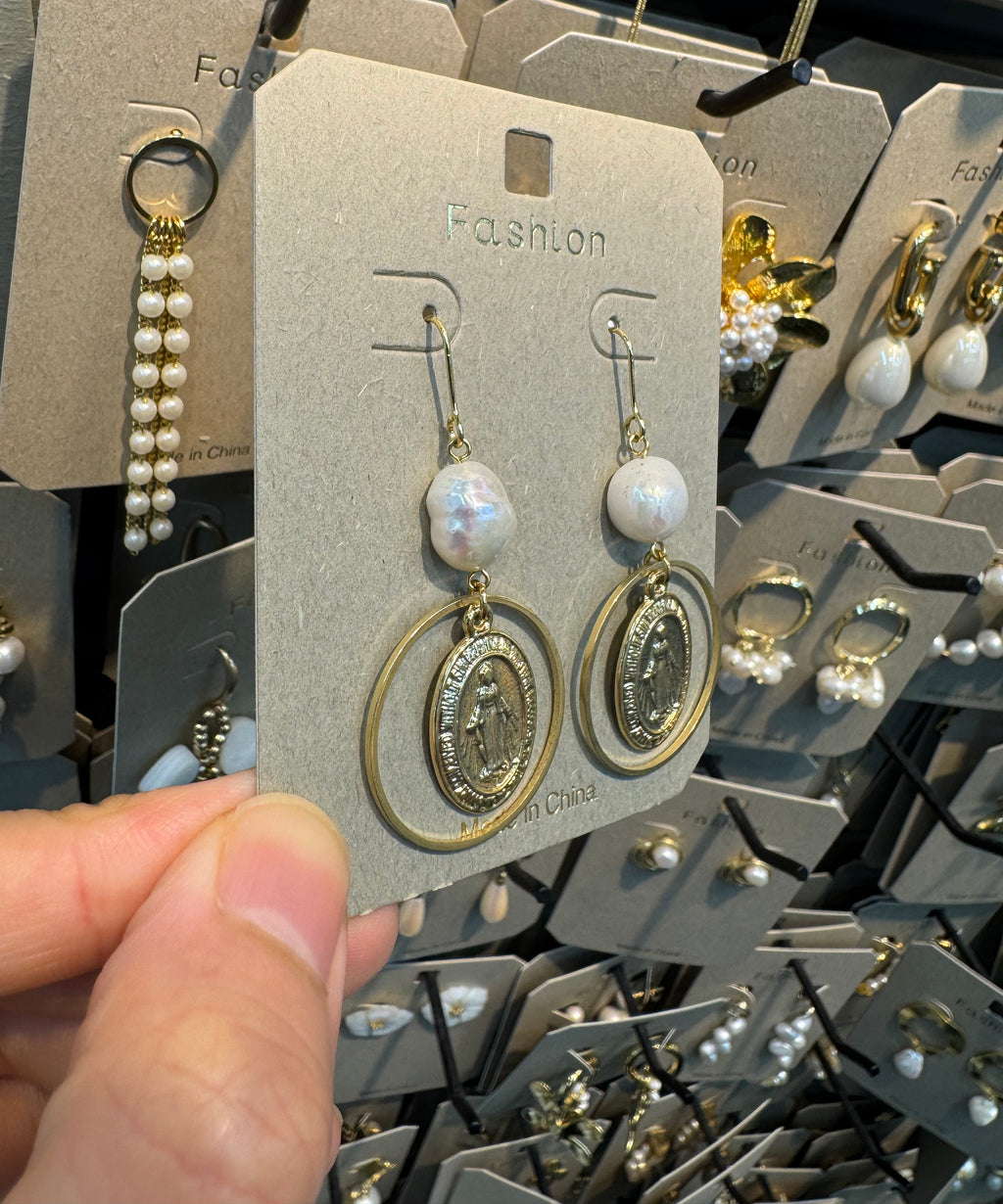 Pearl Coin Charm Hook Earrings - W3-0480