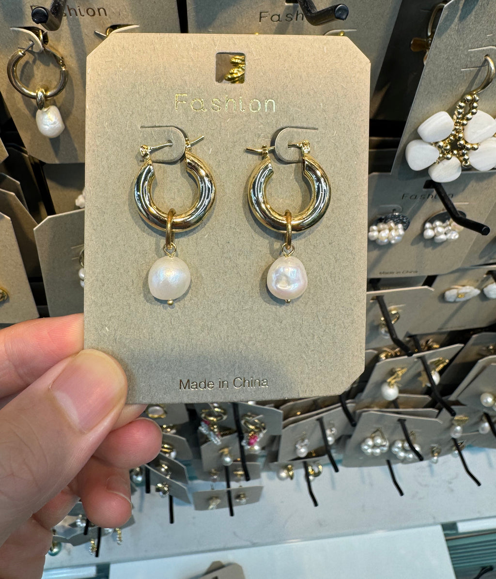 Small Pearl Ball Charm Hoops - W3-0484