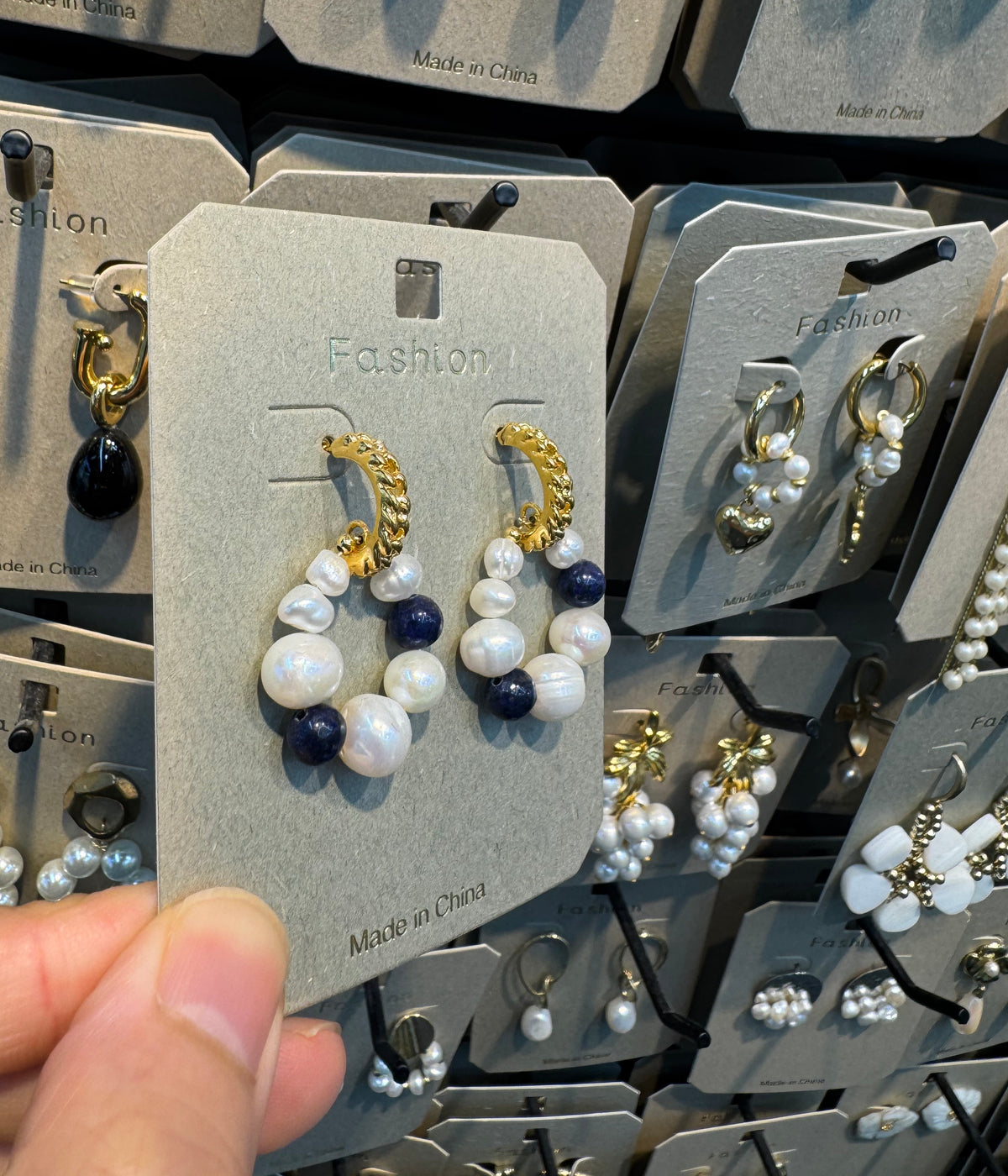 Blue and White Bead Loop Earrings - W3-0493