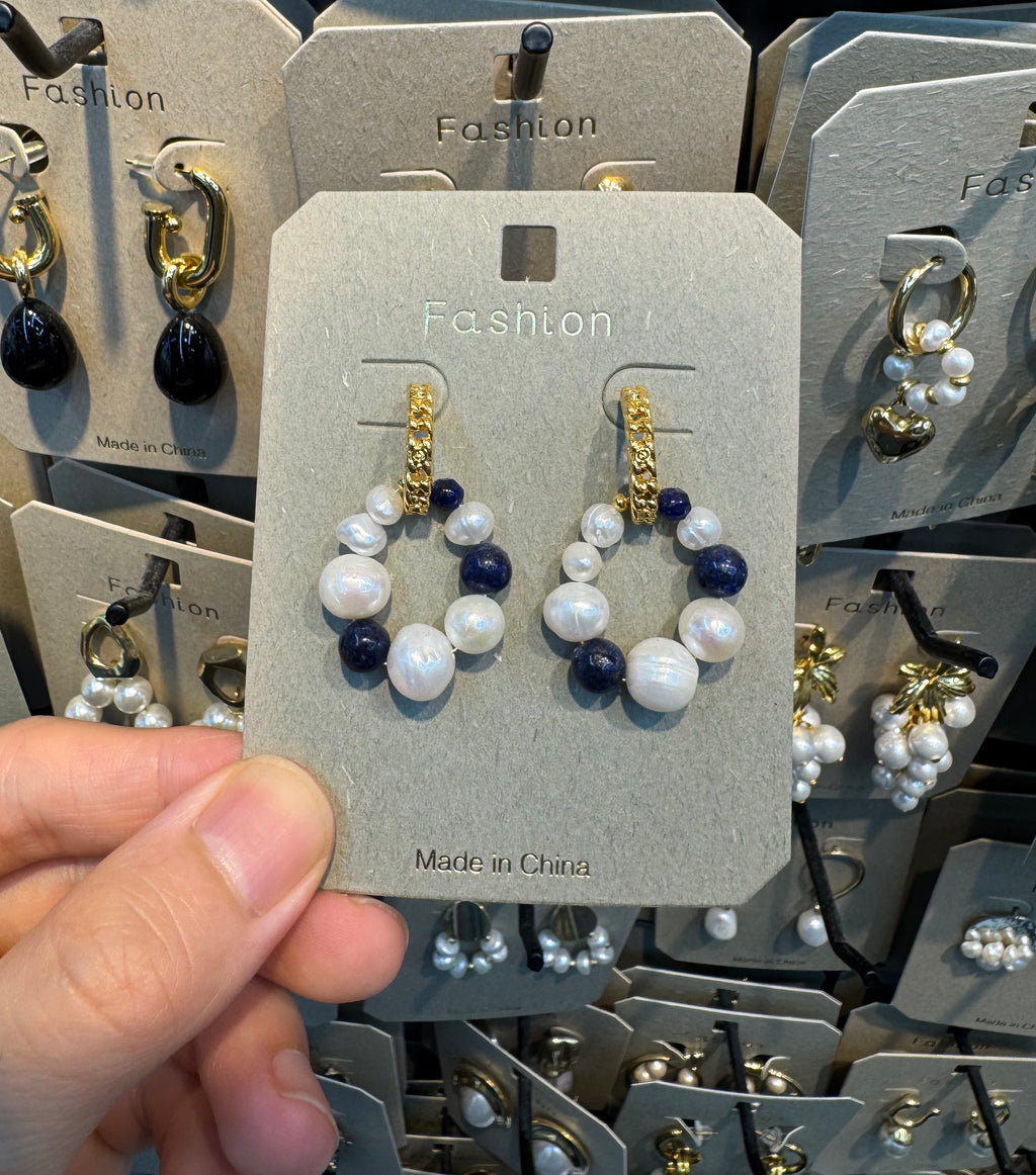 Blue and White Bead Loop Earrings - W3-0493