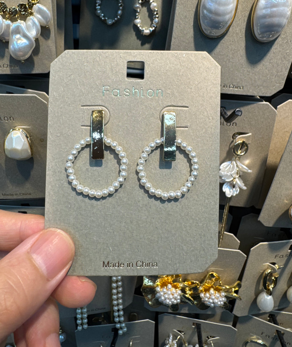 Rectangle Link Pearl Ring Earrings - W3-0505