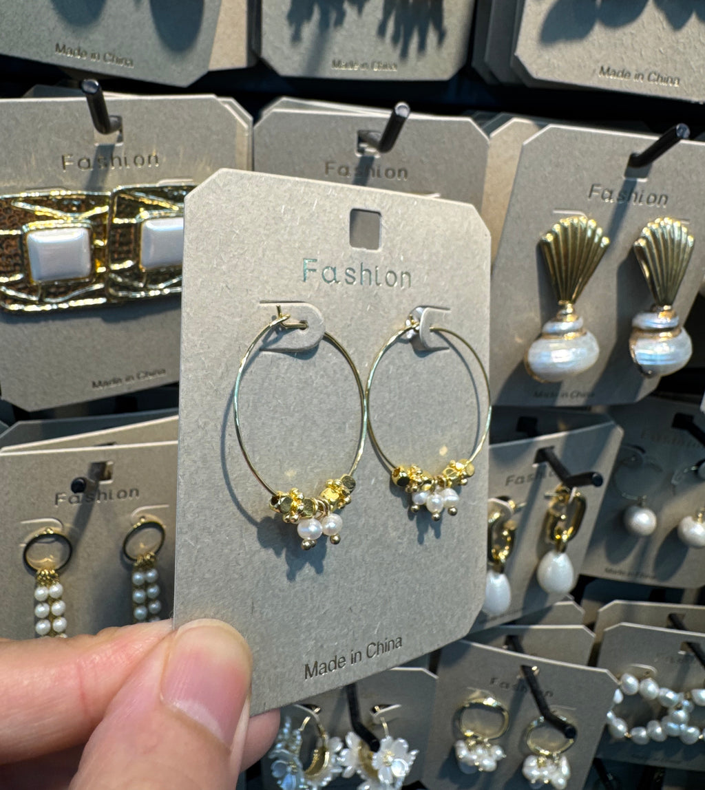 Beaded Floral Charm Hoop Earrings - W3-0510