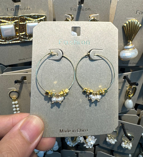Beaded Floral Charm Hoop Earrings - W3-0510