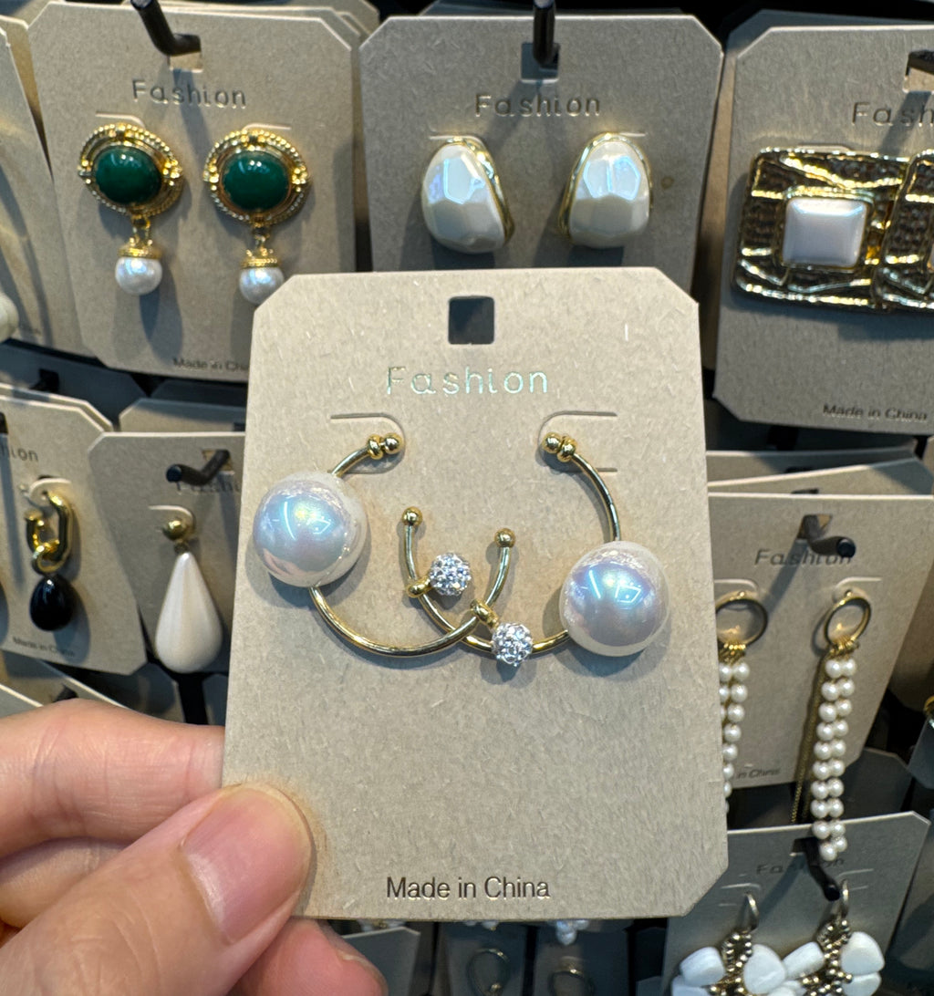 Pearl and Crystal Open Hoop Earrings - W3-0515