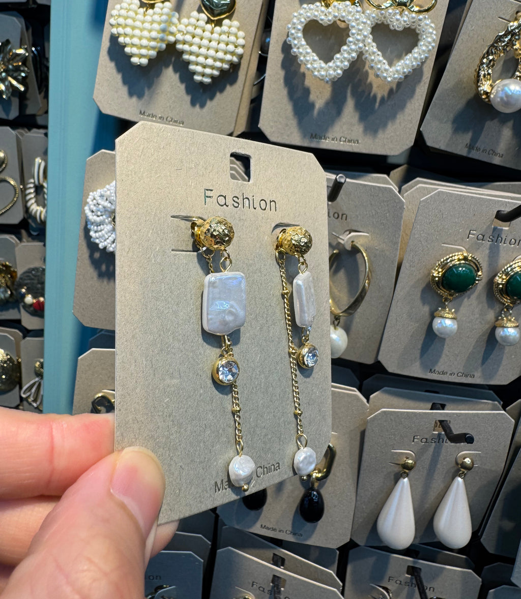 Square Pearl Chain Drop Earrings - W3-0525