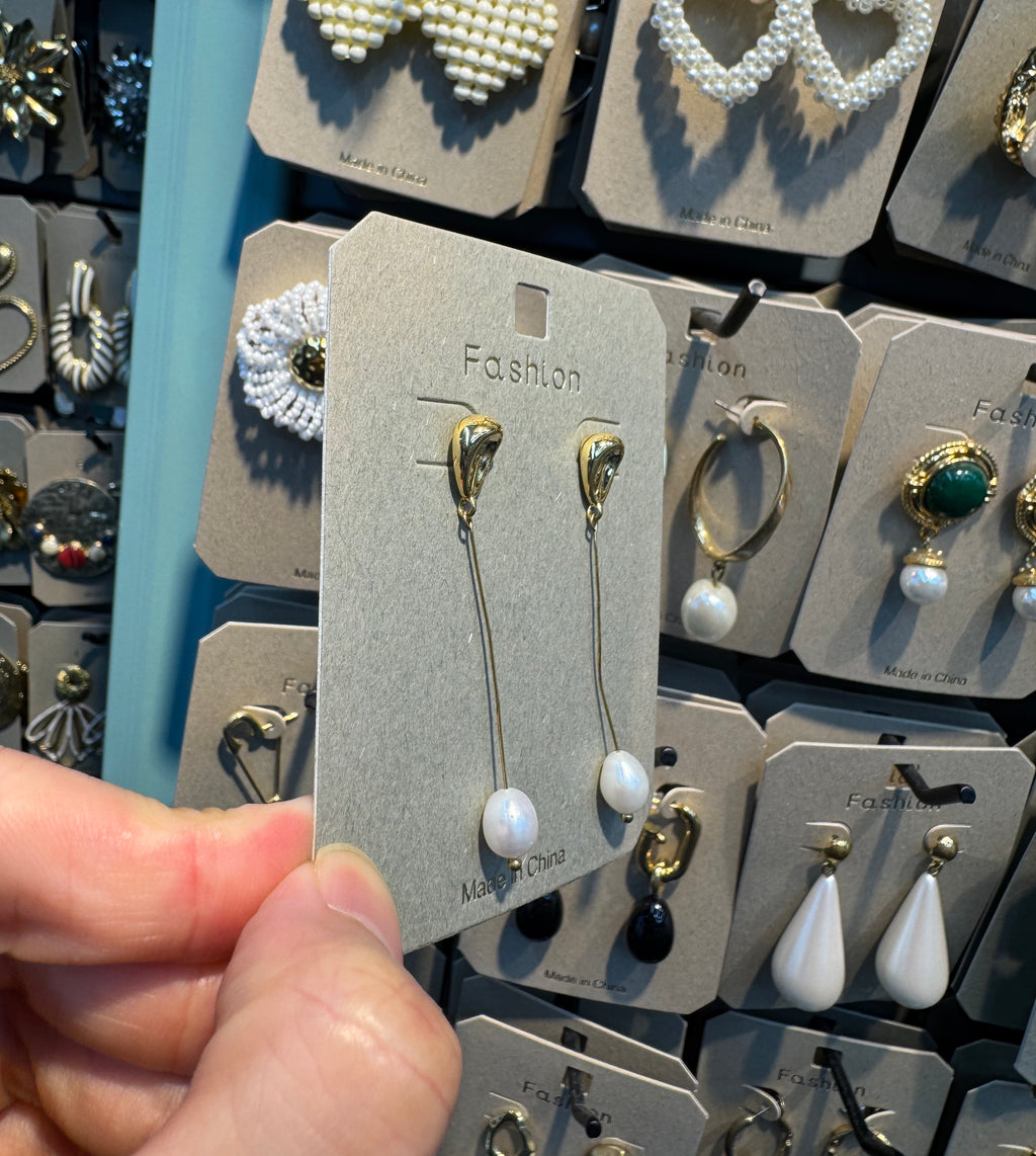 Heart Stud Long Pearl Drop Earrings - W3-0527