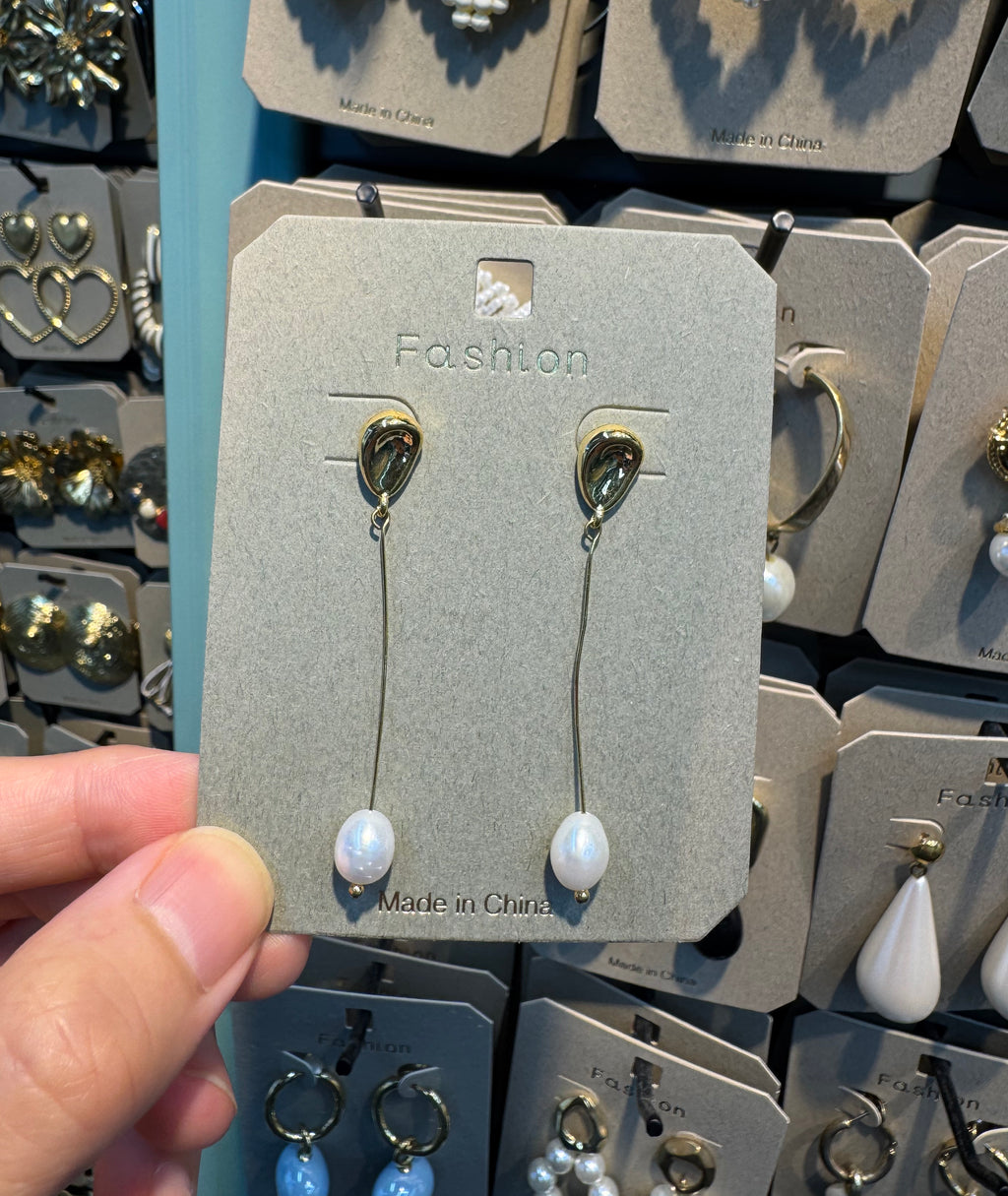 Heart Stud Long Pearl Drop Earrings - W3-0527