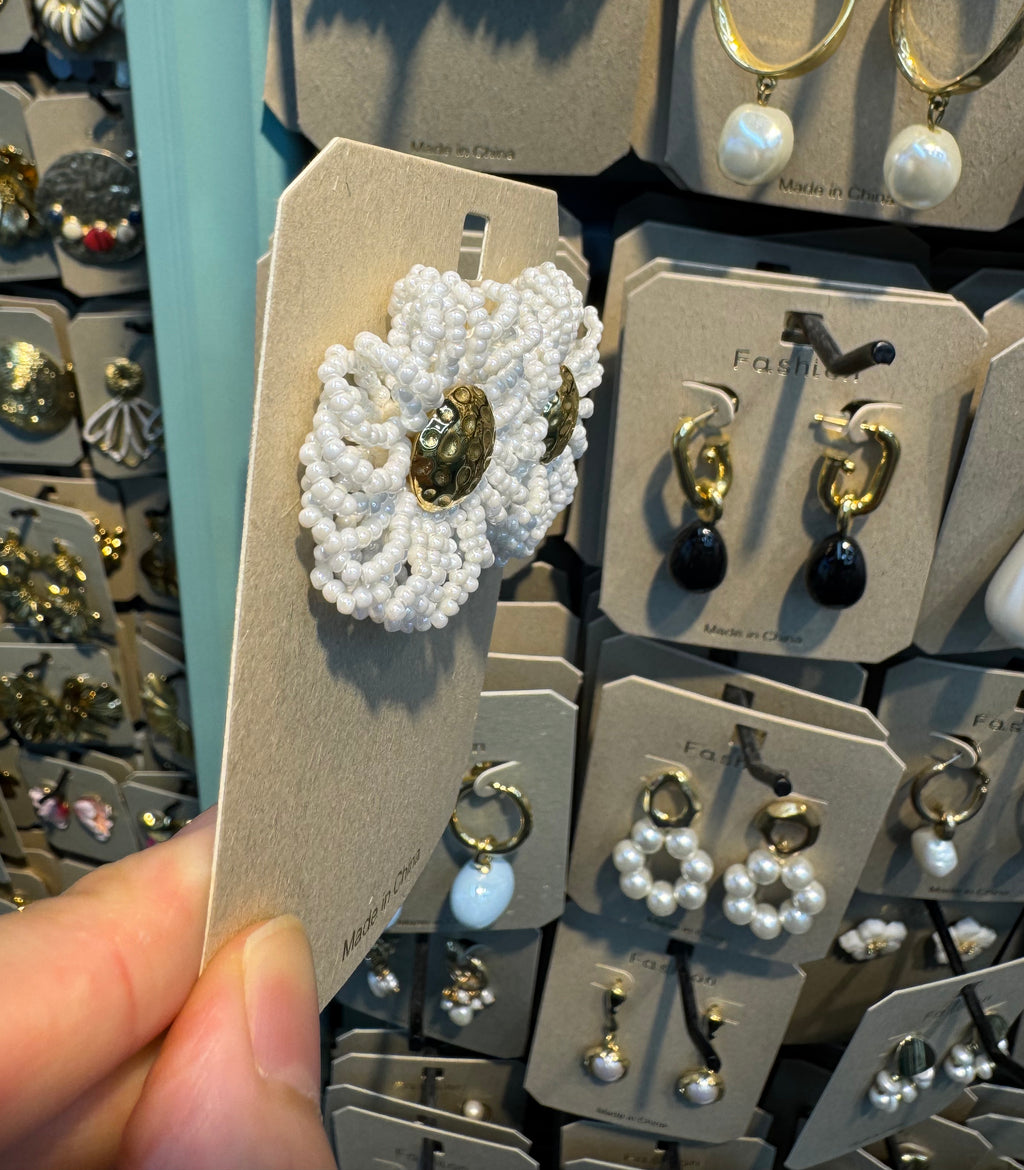 White Beaded Daisy Stud Earrings - W3-0535