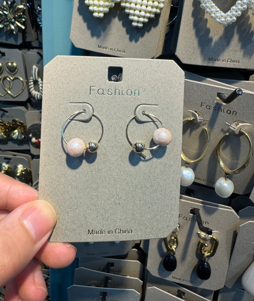 Asymmetric Hoop Pearl Stud Earrings - W3-0536