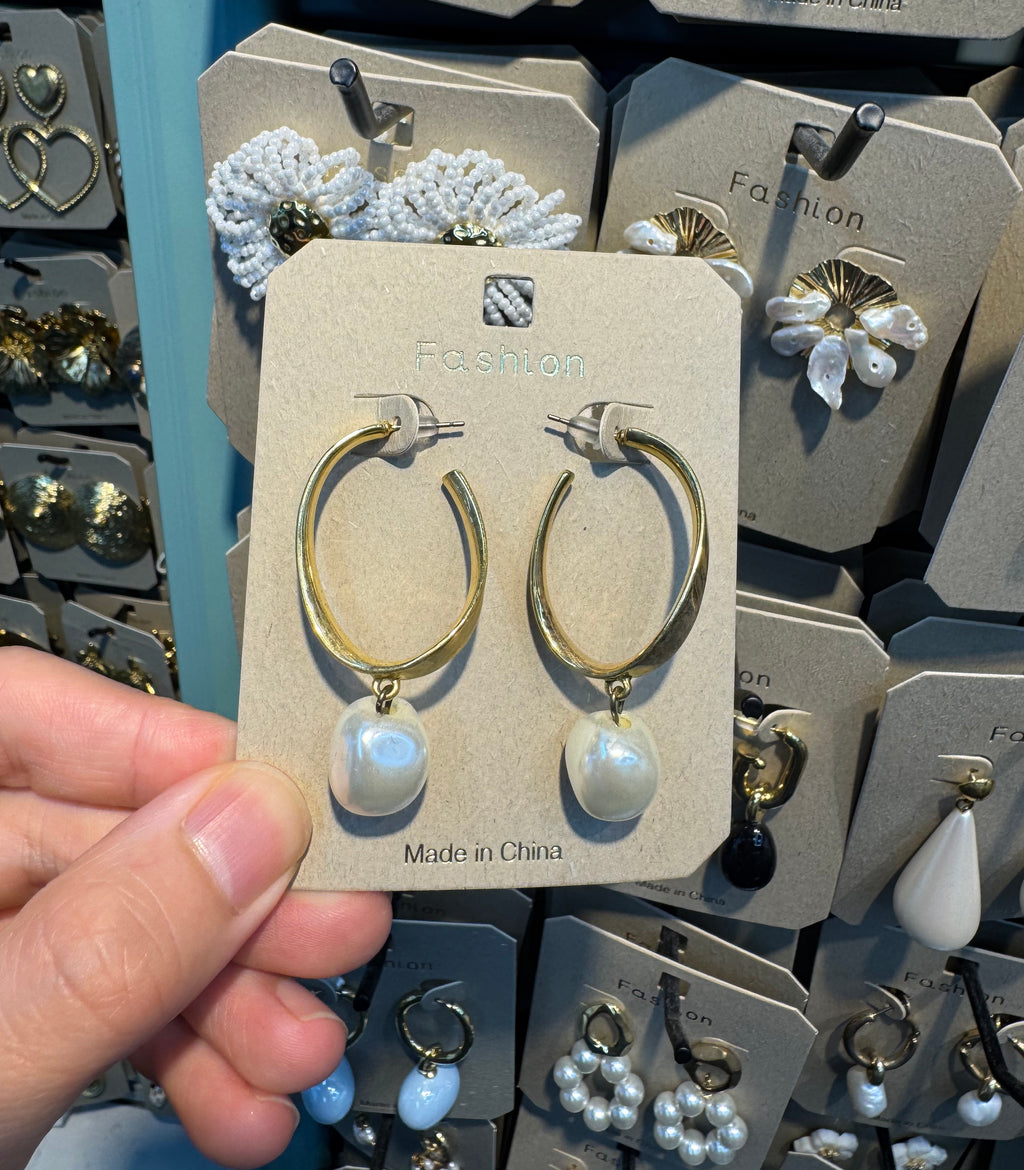 Oval Hoop Pearl Ball Earrings - W3-0538