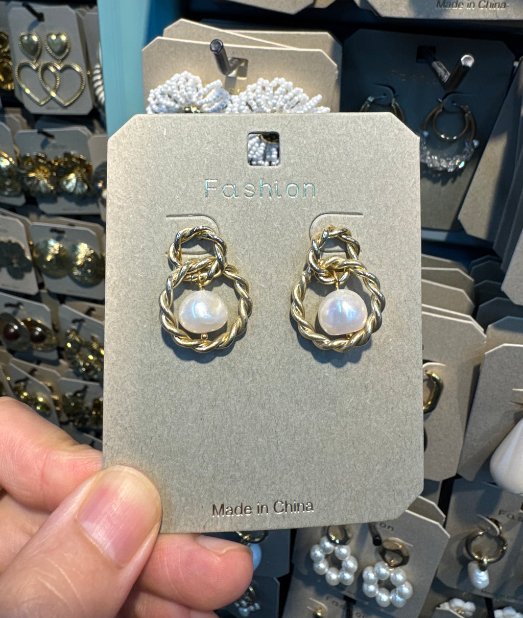 Double Ring Pearl Charm Earrings - W3-0540