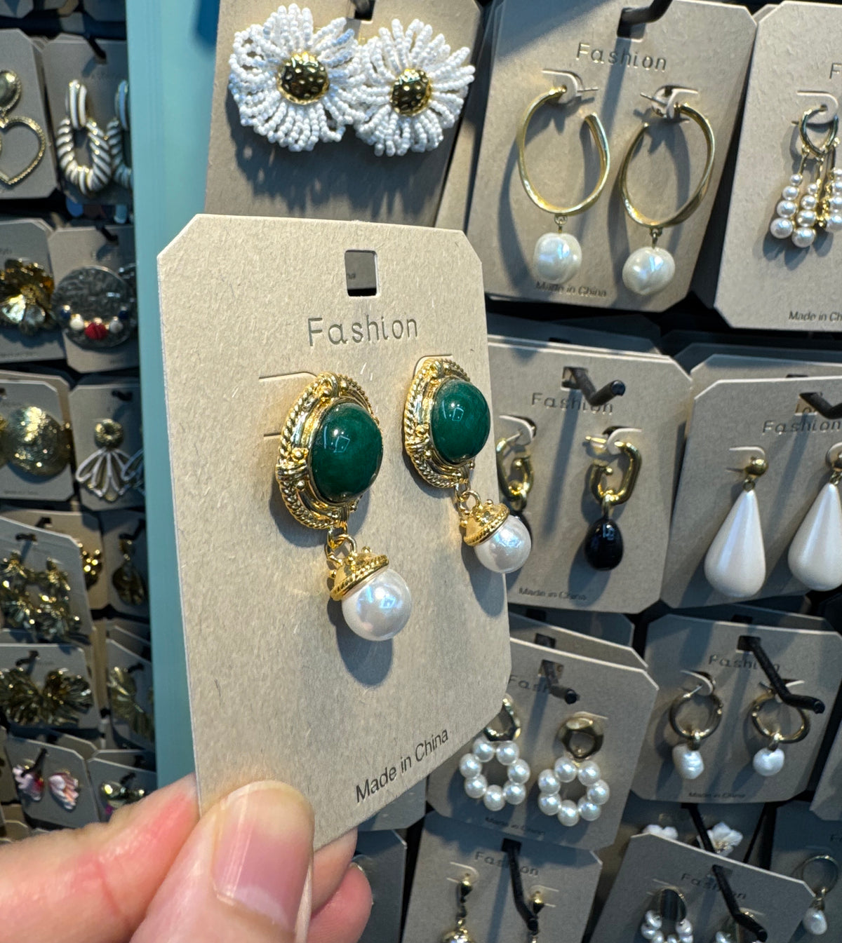 Green Dome Pearl Drop Earrings - W3-0542