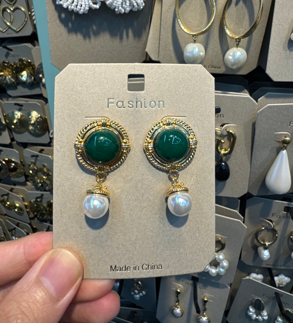 Green Dome Pearl Drop Earrings - W3-0542