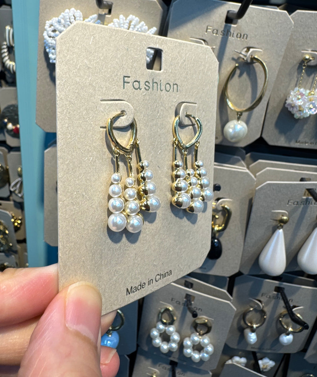 Triple Pearl Strand Drop Earrings - W3-0543