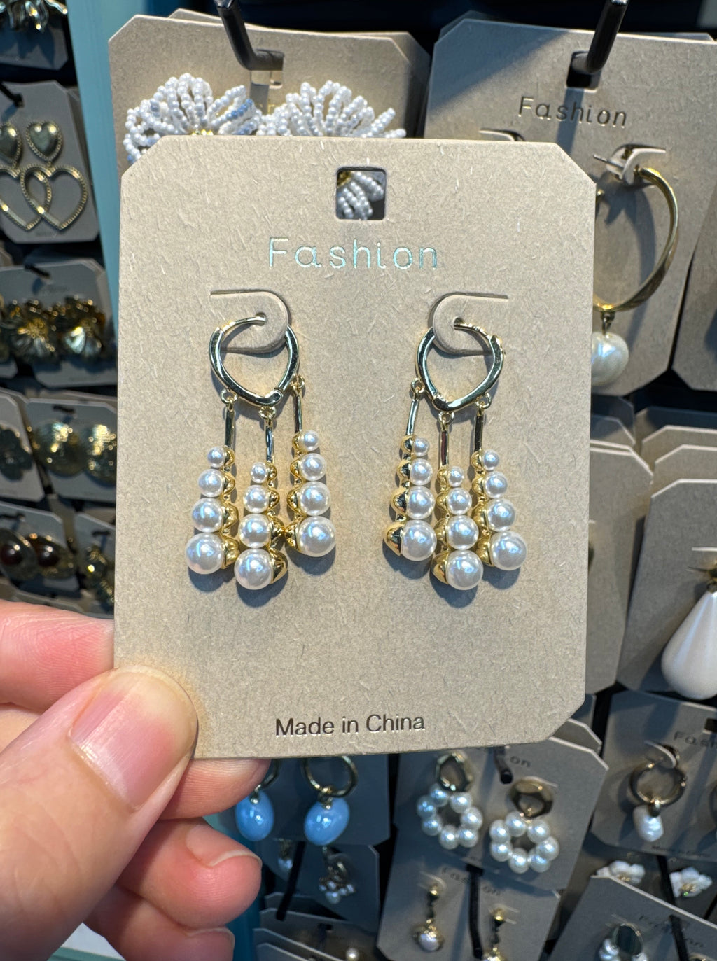 Triple Pearl Strand Drop Earrings - W3-0543