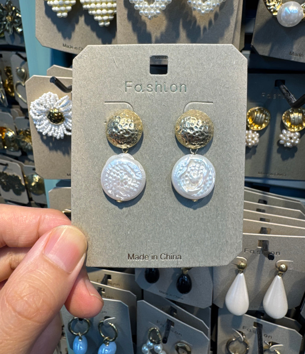 Textured Disc White Dome Earrings - W3-0546