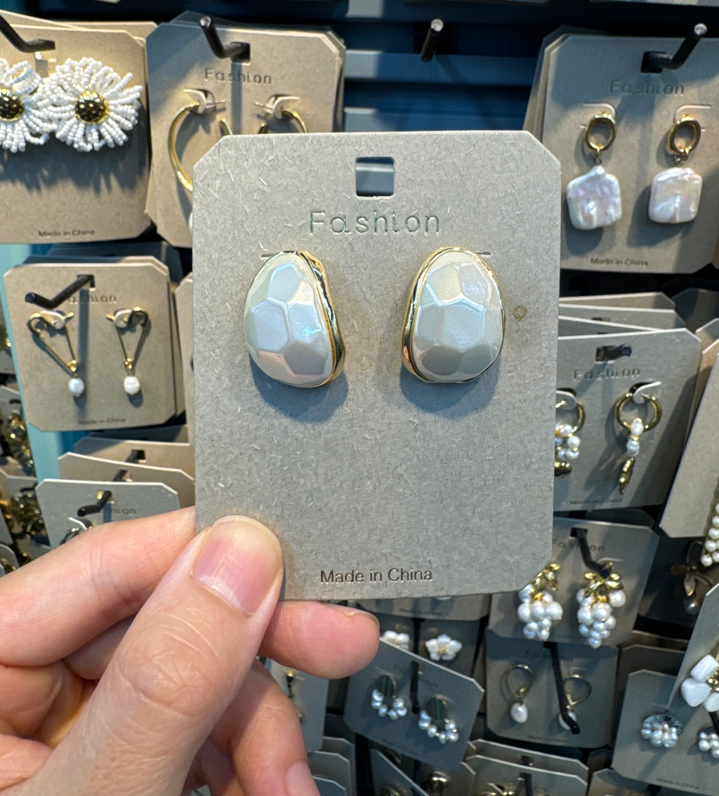 Faceted Pearl Dome Stud Earrings - W3-0548