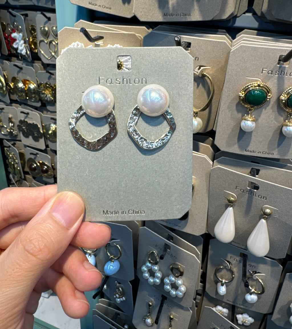 Pearl Stud Textured Loop Earrings - W3-0552