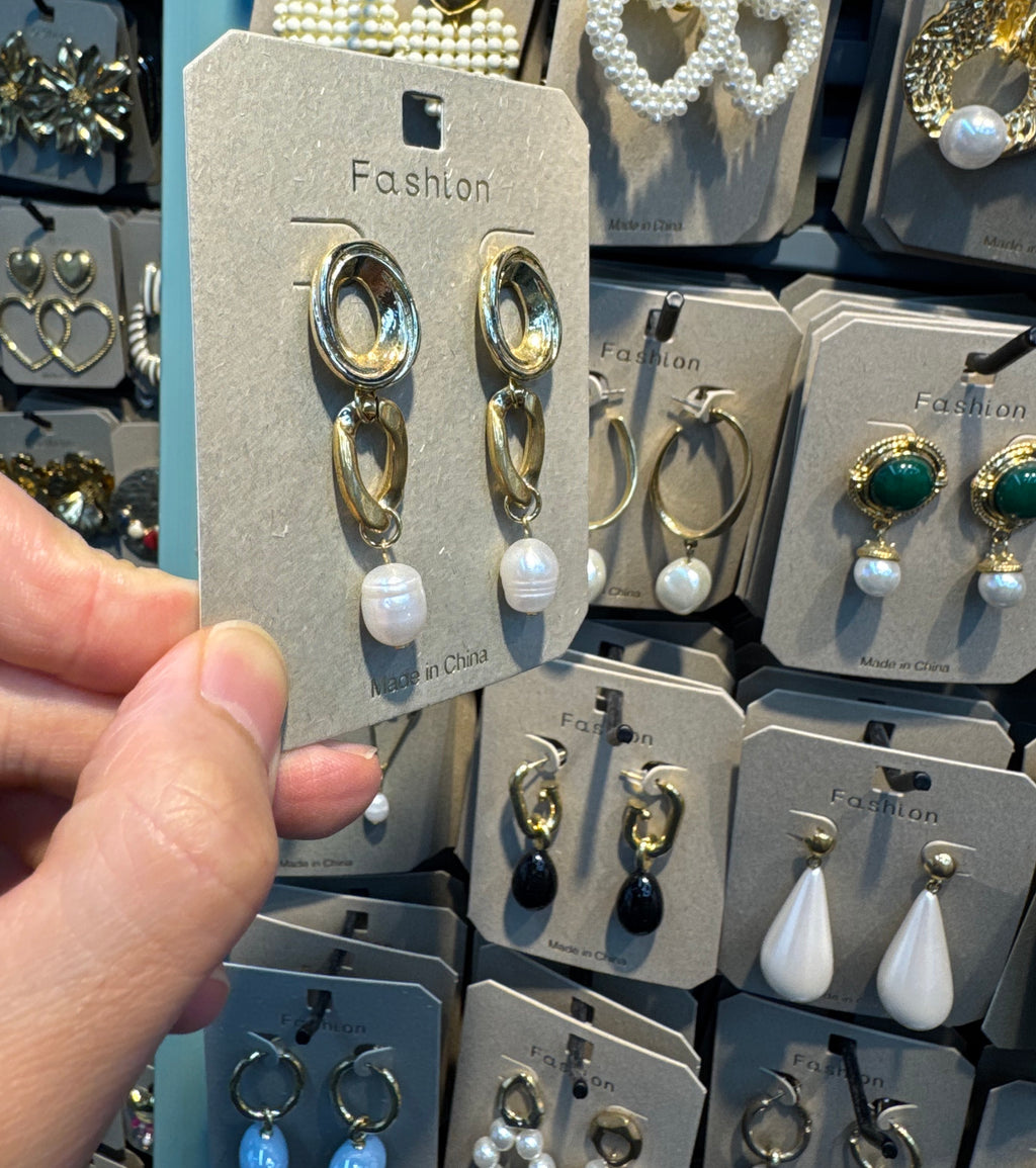 Double Oval Link Pearl Earrings - W3-0558