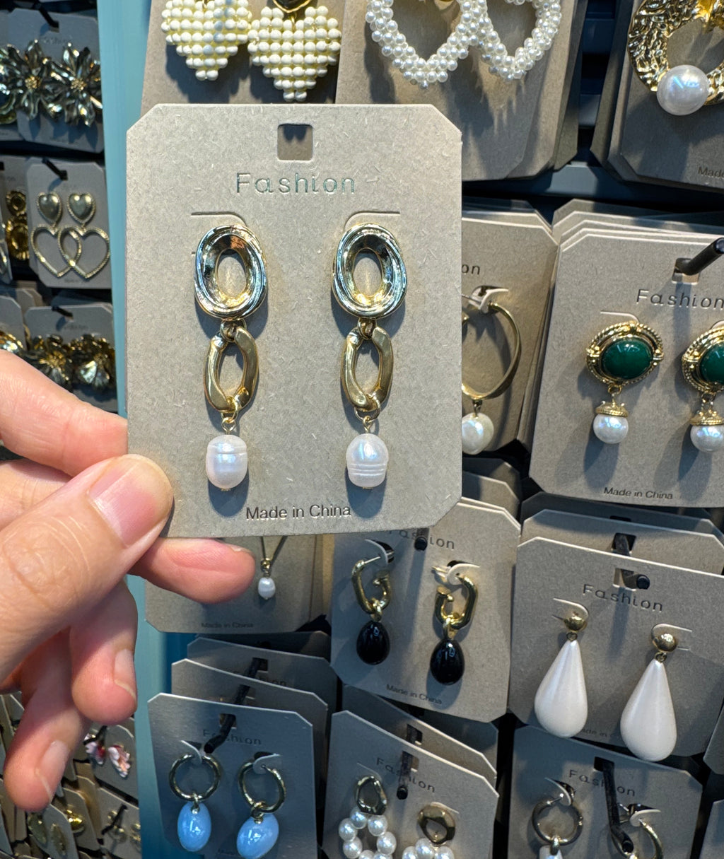 Double Oval Link Pearl Earrings - W3-0558
