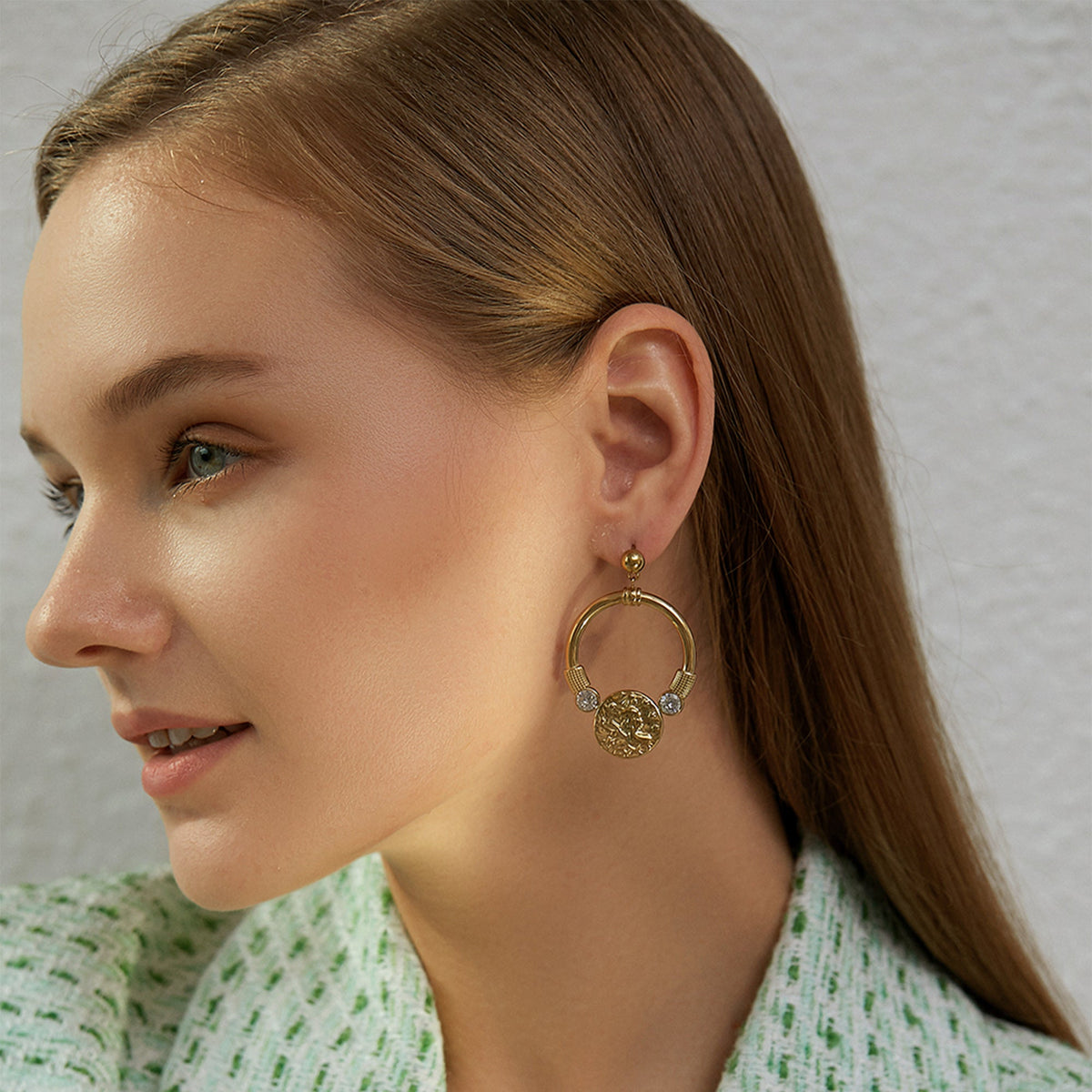 Embossed Medallion Crystal Hoop Drop Earrings, Ball Stud Top