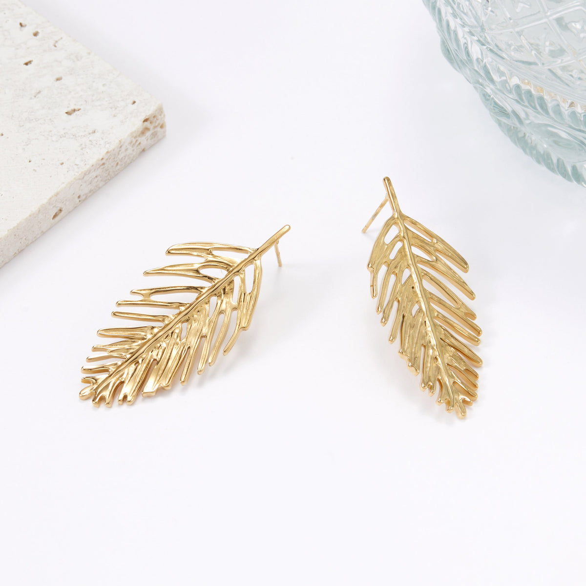 Large Tropical Palm Leaf Stud Earrings, Openwork 5cm
