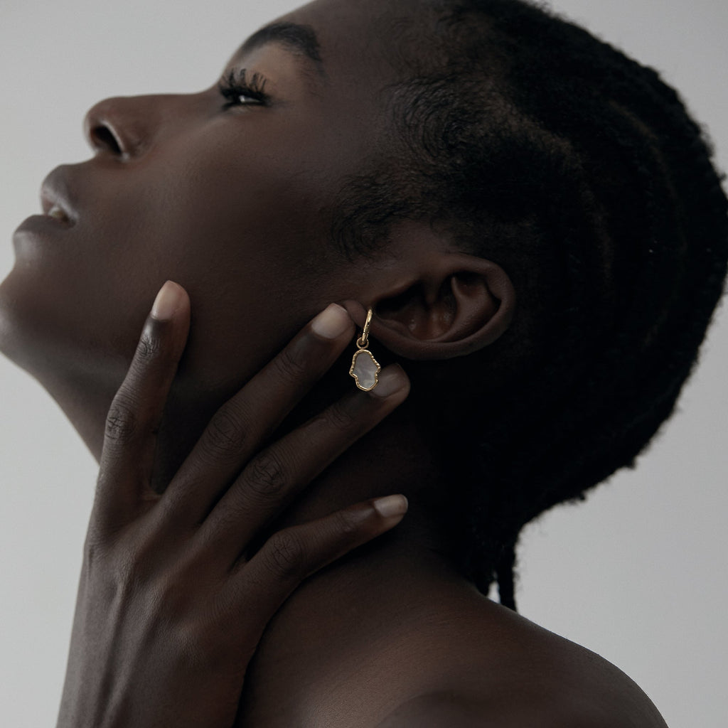 Mother of Pearl Hamsa Drop Huggie Earrings, Ultra-Light 3.5g