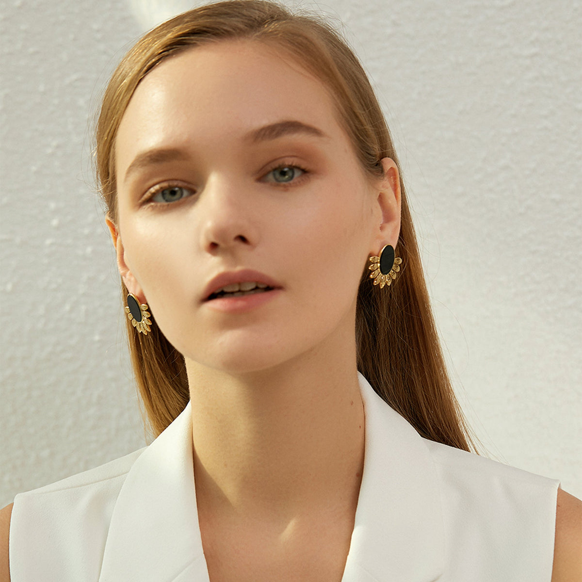 Black Oval Sunburst Statement Studs, Art Deco Halo