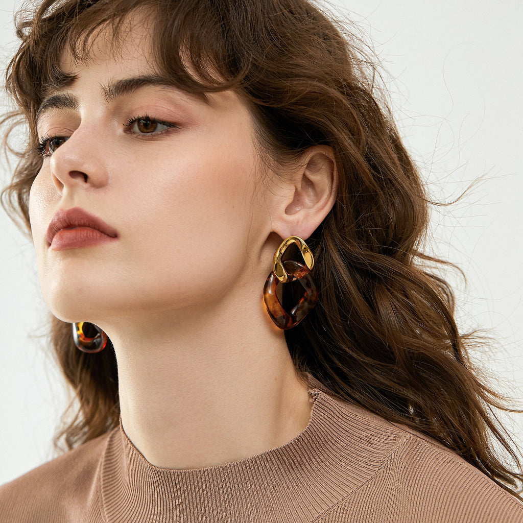 Leopard Resin Interlocking Link Drop Earrings, 14K Plated