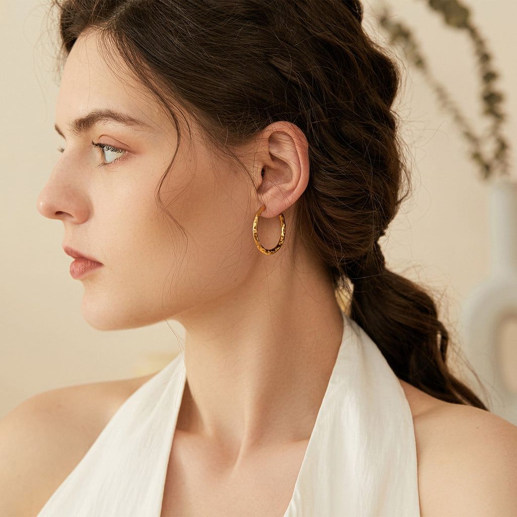 Textured Hammered Gold Open Hoop Earrings, Molten Finish