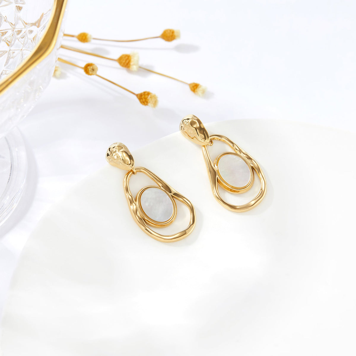 Organic Hammered Mother-of-Pearl Drop Earrings, Sculptural Loop