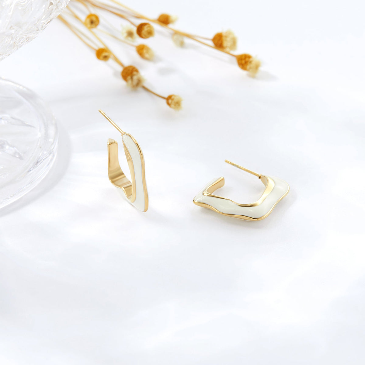 Abstract Wavy White Enamel Square Hoop Earrings, Open C-Hoop