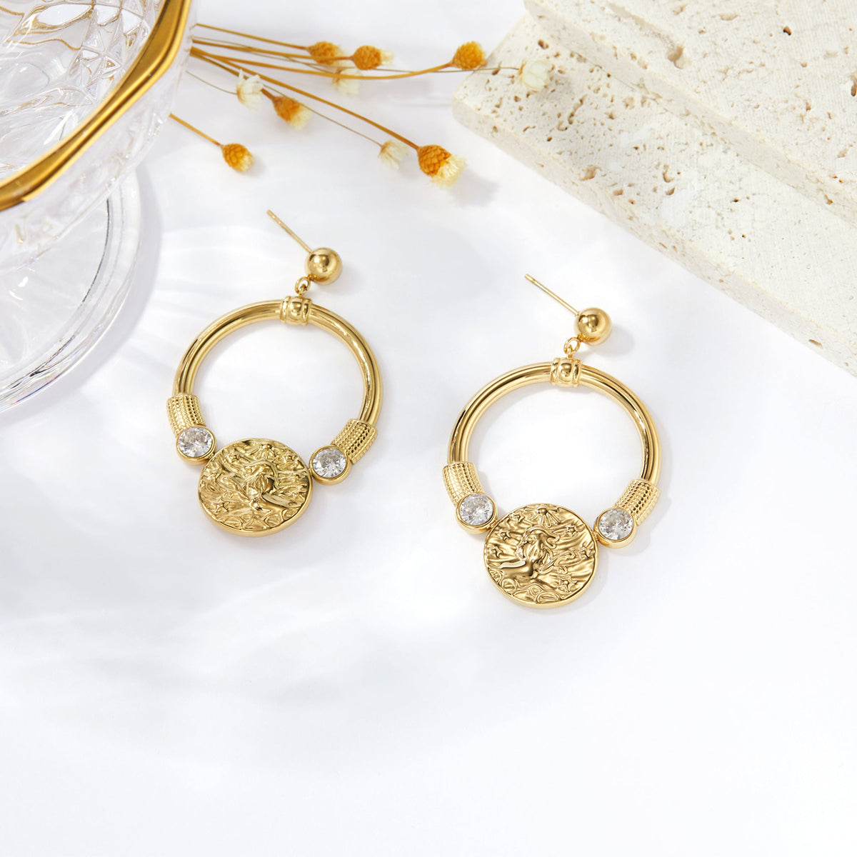 Embossed Medallion Crystal Hoop Drop Earrings, Ball Stud Top