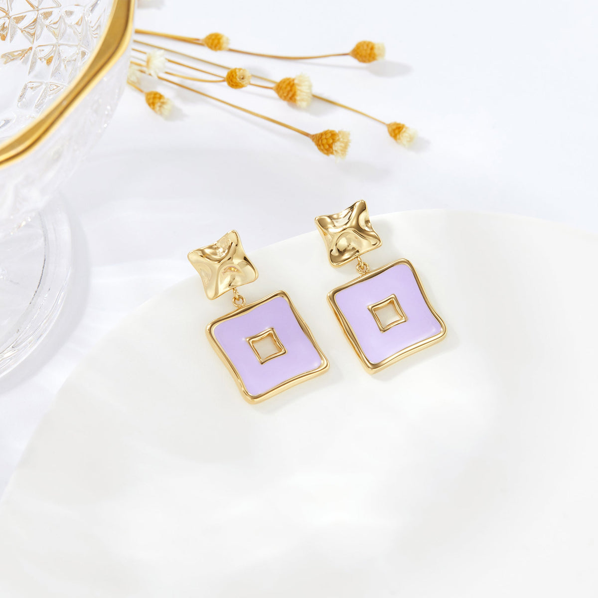 Lilac Enamel Geometric Square Drop Earrings, Hammered Top