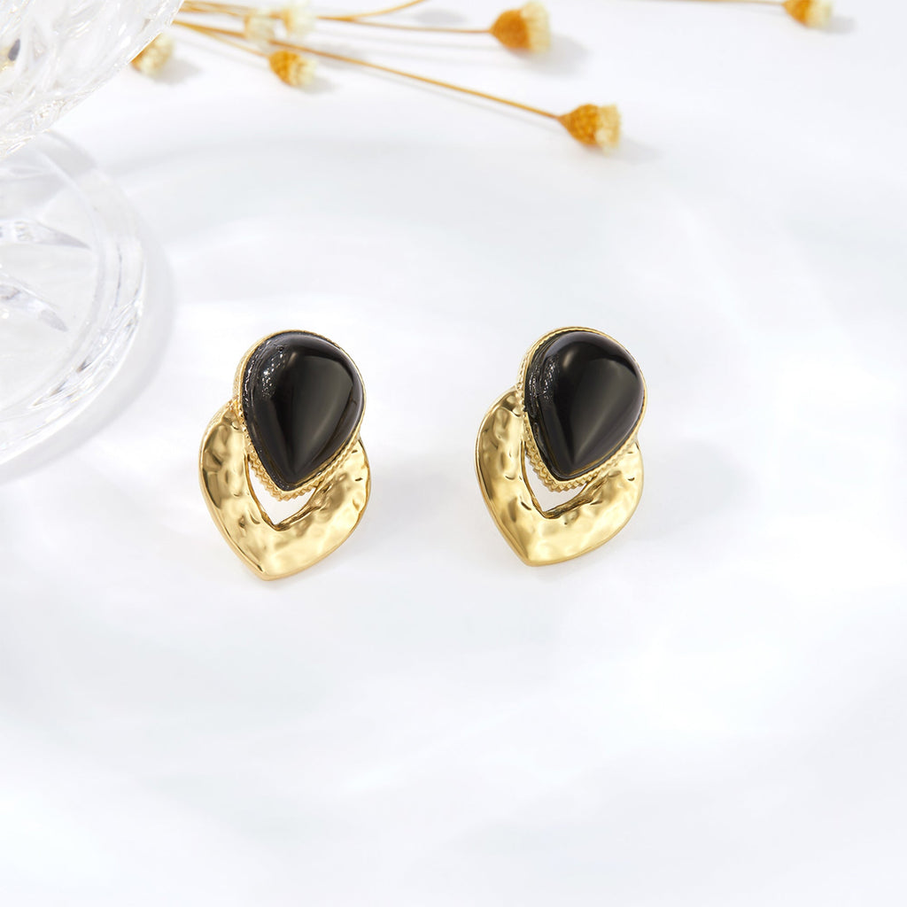Black Teardrop Hammered Gold Statement Earrings, 15.4g