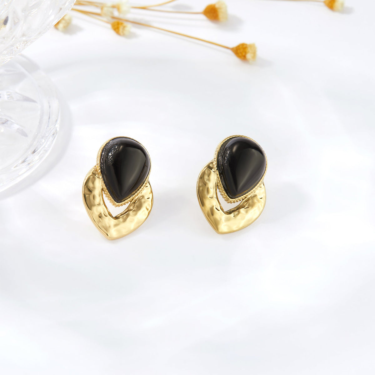 Black Teardrop Hammered Gold Statement Earrings, 15.4g