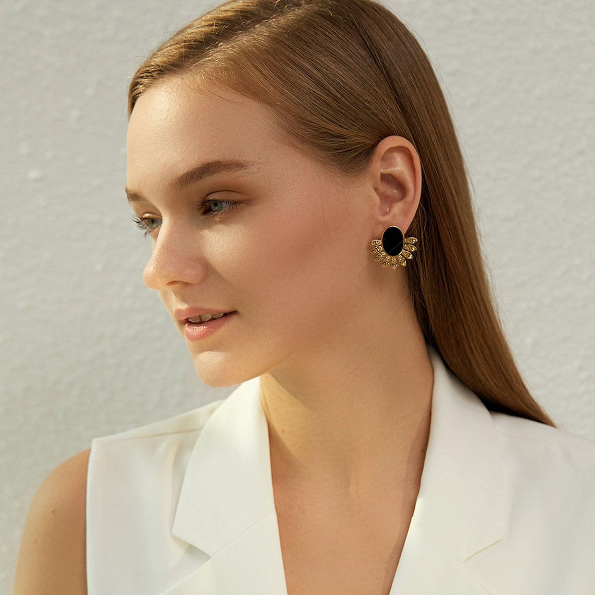 Black Oval Sunburst Statement Studs, Art Deco Halo