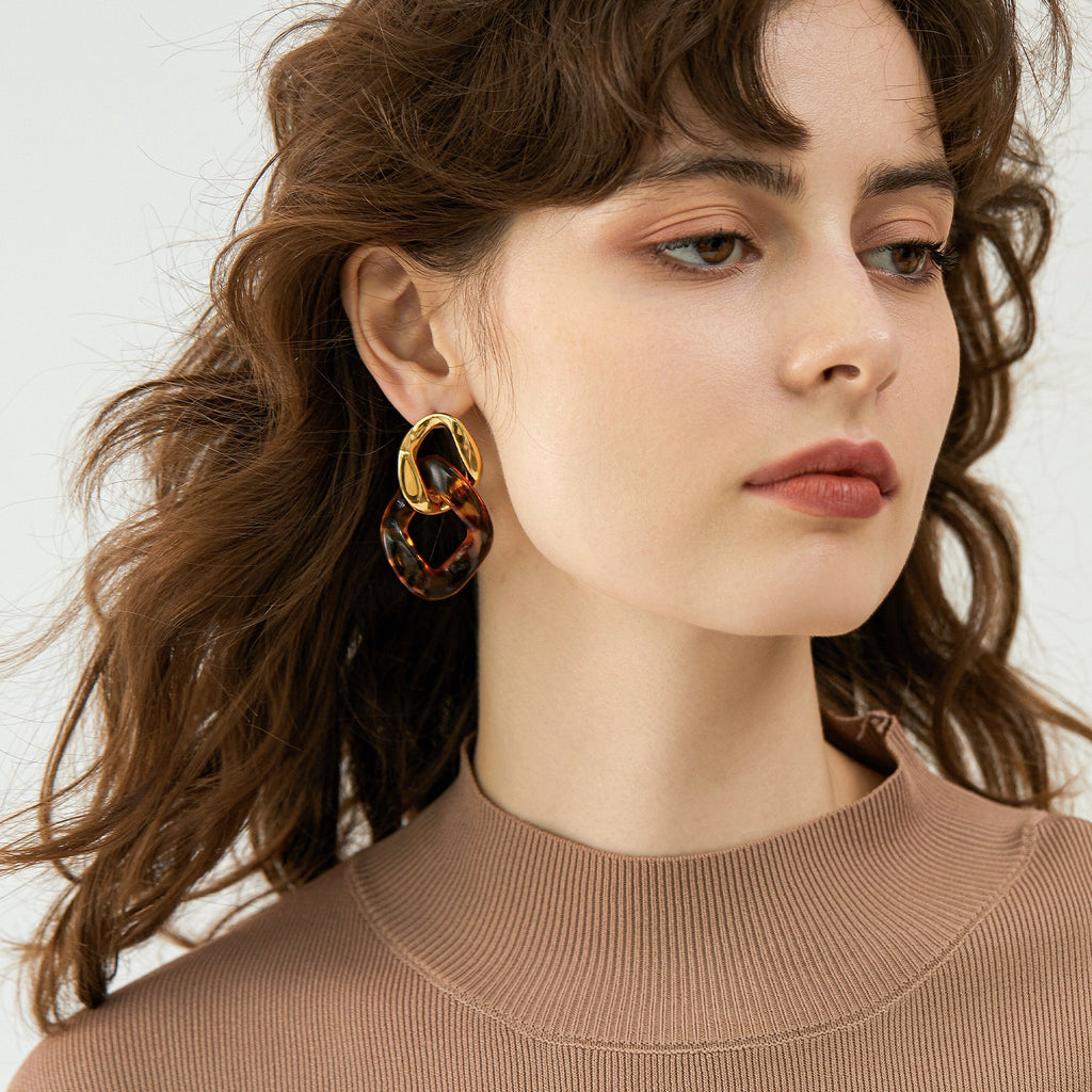 Leopard Resin Interlocking Link Drop Earrings, 14K Plated