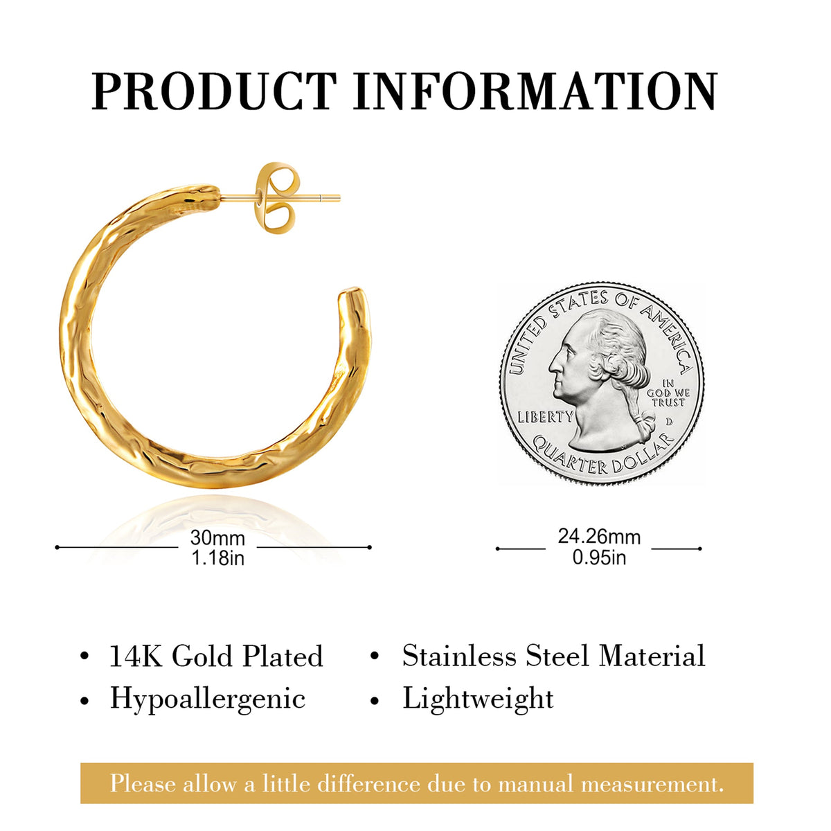 Textured Hammered Gold Open Hoop Earrings, Molten Finish
