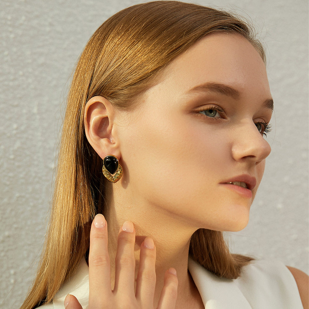 Black Teardrop Hammered Gold Statement Earrings, 15.4g