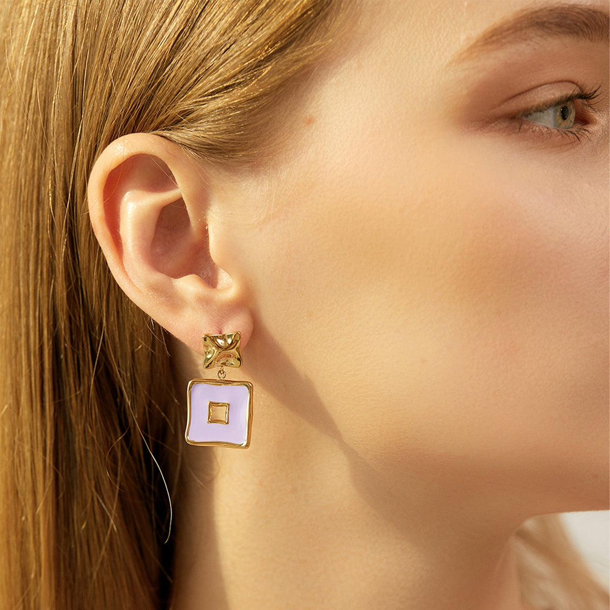 Lilac Enamel Geometric Square Drop Earrings, Hammered Top