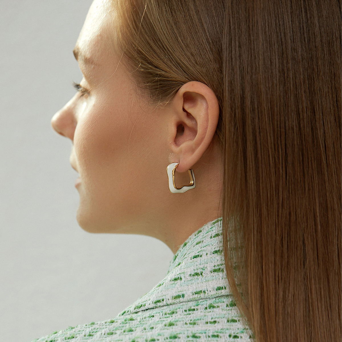 Abstract Wavy White Enamel Square Hoop Earrings, Open C-Hoop
