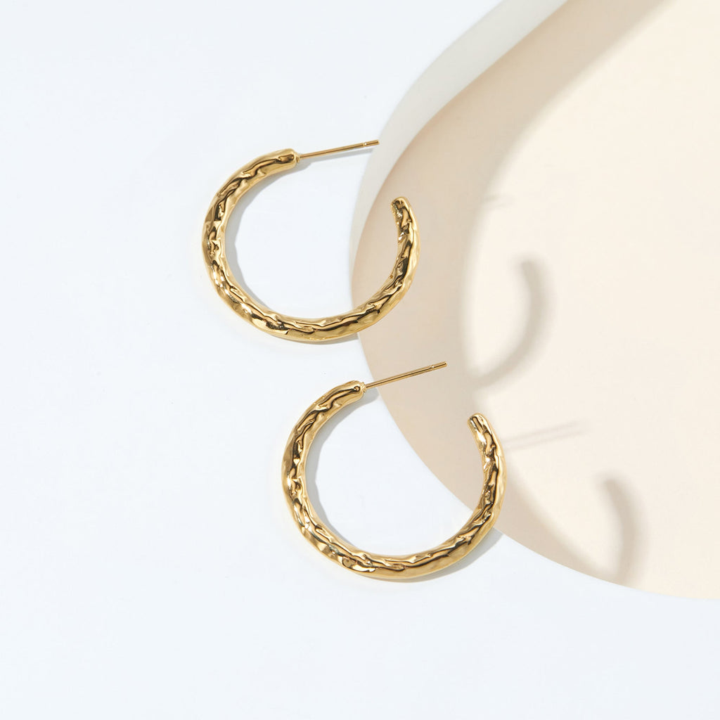 Textured Hammered Gold Open Hoop Earrings, Molten Finish