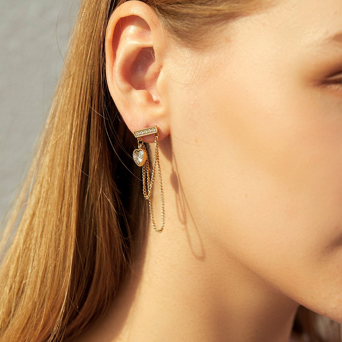 CZ Heart Chain Dangle Drop Earrings, Draped Double Chain
