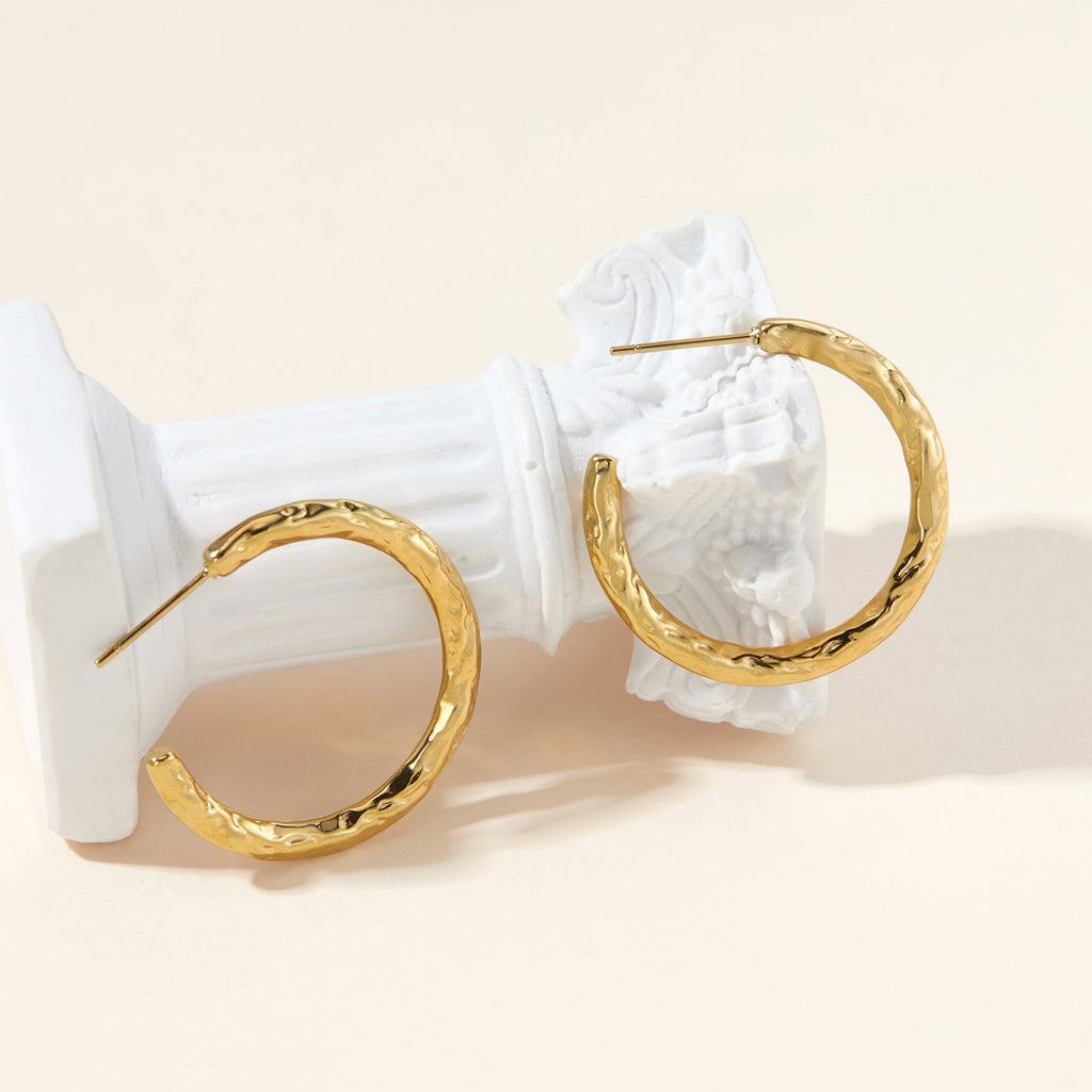 Textured Hammered Gold Open Hoop Earrings, Molten Finish