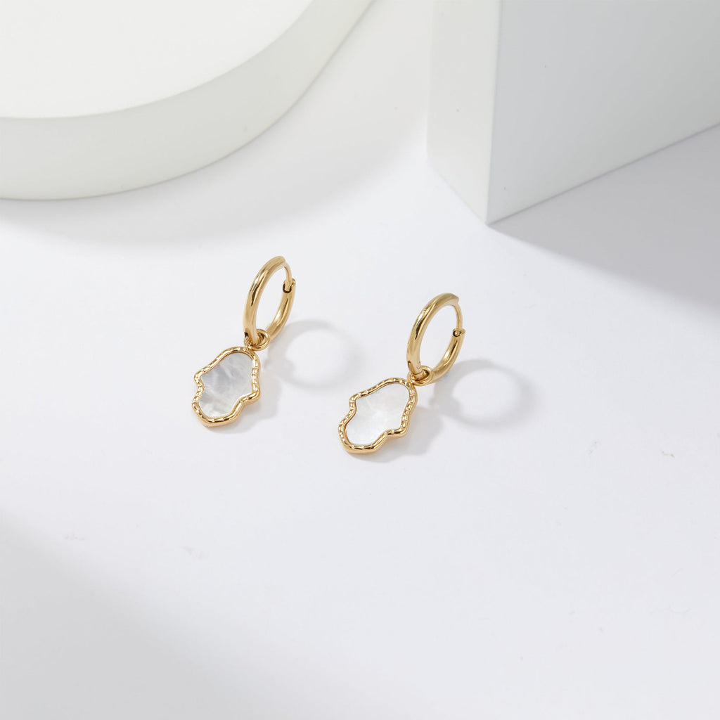 Mother of Pearl Hamsa Drop Huggie Earrings, Ultra-Light 3.5g