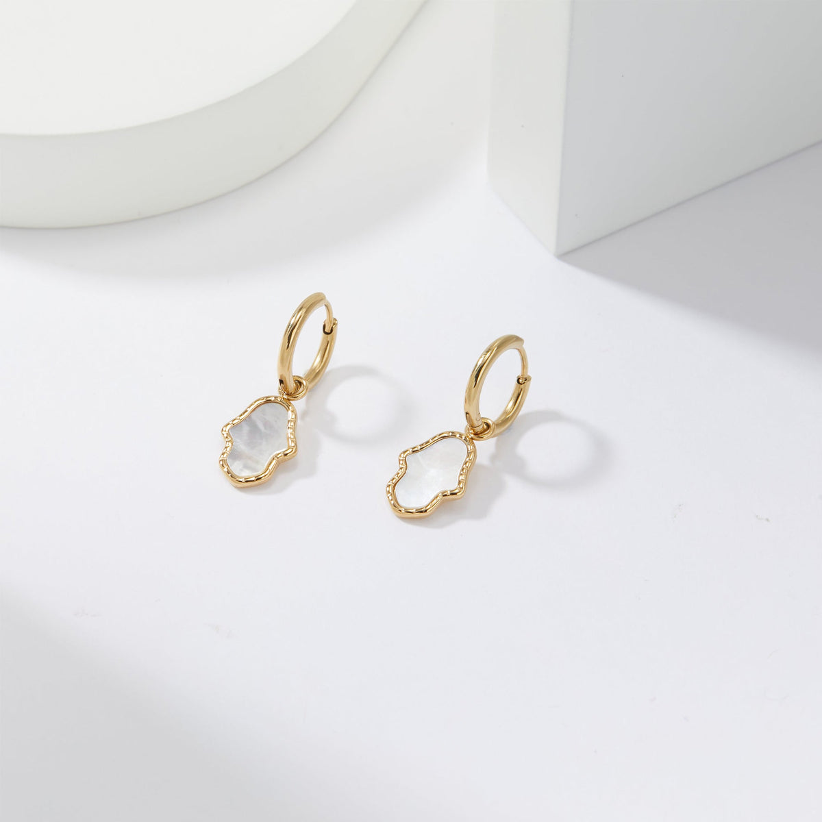 Mother of Pearl Hamsa Drop Huggie Earrings, Ultra-Light 3.5g