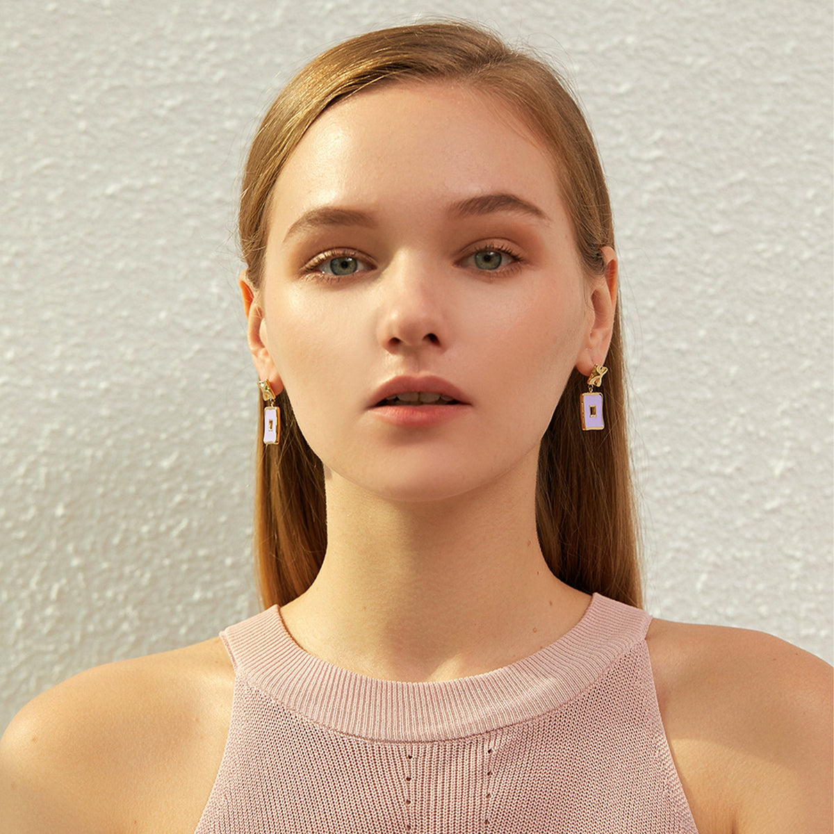 Lilac Enamel Geometric Square Drop Earrings, Hammered Top