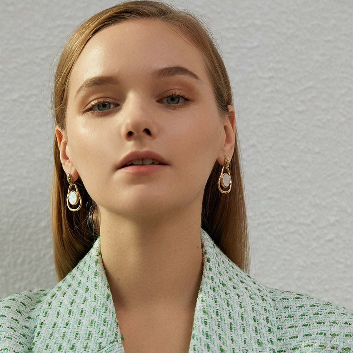 Organic Hammered Mother-of-Pearl Drop Earrings, Sculptural Loop